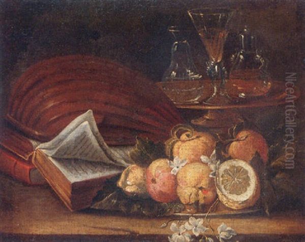 Still Life Of A Lute, Books, Apples And Lemons, Together With A Gilt Tazza With A Wine Glass And Decanters, All Upon A Stone Ledge Oil Painting by Cristoforo Munari