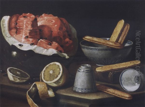 Still Life With Watermelon, Biscotti, A Sliced Lemon And Three Pieces Of Blue-and-white Italian Porcelain Oil Painting by Cristoforo Munari