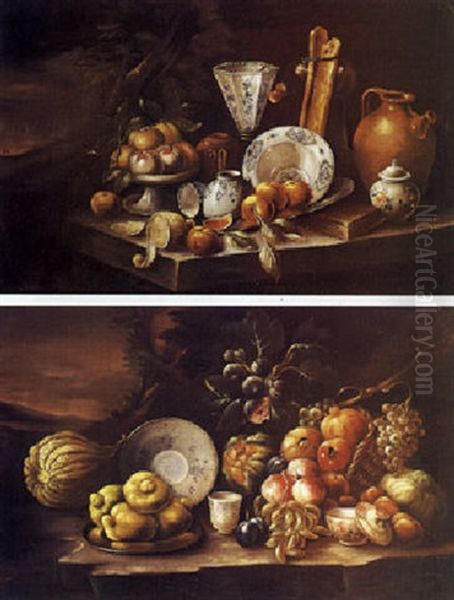 Natura Morta Di Frutta Con Tazzina, Piatto, Biscotti E Vetri Oil Painting by Cristoforo Munari