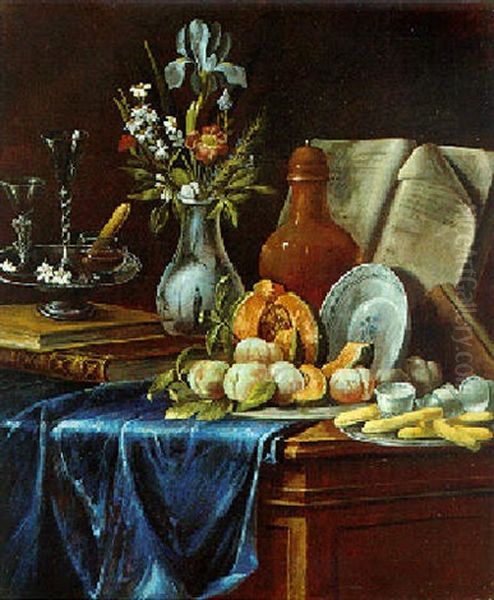 Stilleben Von Buchern, Fruchten, Porzellan Und Blumen Oil Painting by Cristoforo Munari