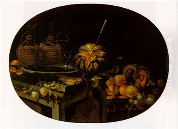 Still Life Of A Melon, Plums, A Peach, A Fig, Two Wine Caskets And Glasses On A Salver And Biscotti On A Plate, All On A Plinth by Cristoforo Munari