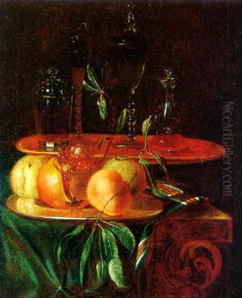 Still Life Of Peaches On A Silver Plate And Glass Beakers And Bottles On A Ledge Oil Painting by Cristoforo Munari