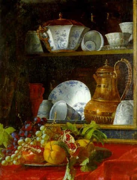 A Trompe-l'oeil Still Life Of Porcelain, With Fruit On A Silver Plate Oil Painting by Cristoforo Munari