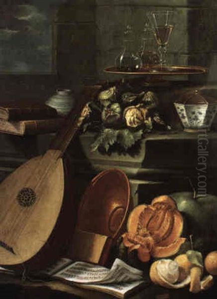 Still Life Of A Mandolin Leaning Against A Ledge With Fruit And A Bowl Oil Painting by Cristoforo Munari