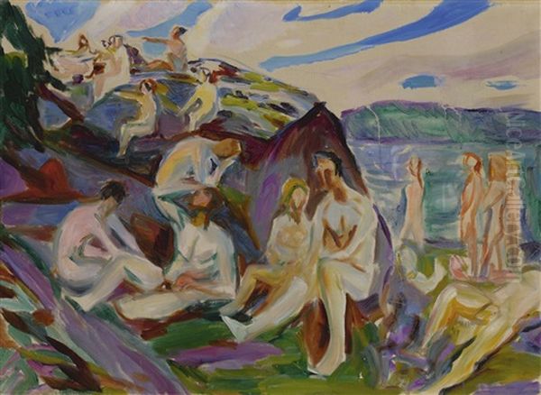 Badende Pa Svaberg (bathers On Rocks) Oil Painting by Edvard Munch