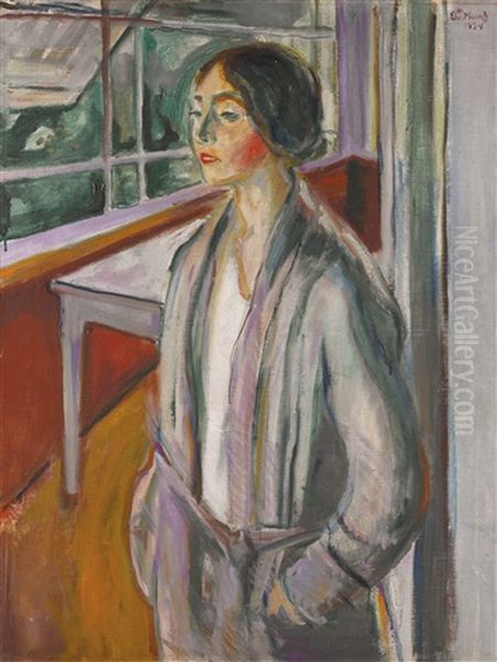 Ung Kvinne Pa Verandaen (young Woman On The Veranda) Oil Painting by Edvard Munch