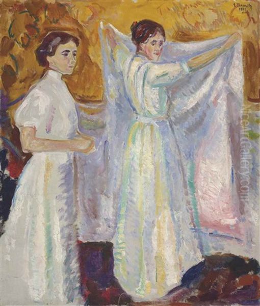 Nurses Holding A Sheet (sykepleiersker Med Laken) Oil Painting by Edvard Munch