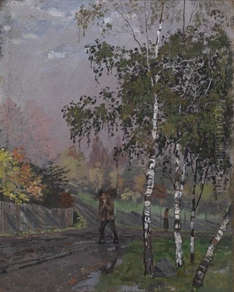 Bjorketraer Og Mann Som Baerer Kvist/birch Trees And Man Carrying Twigs Oil Painting by Edvard Munch