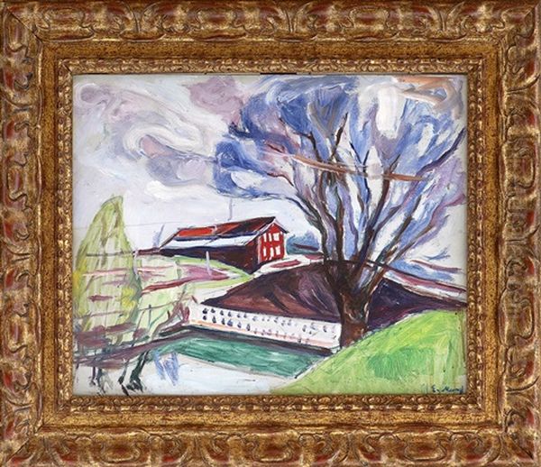 The Red House (+ Another Of The Same Name, Colour Crayon On Thin Cream Paper, Smllr; 2 Works) Oil Painting by Edvard Munch