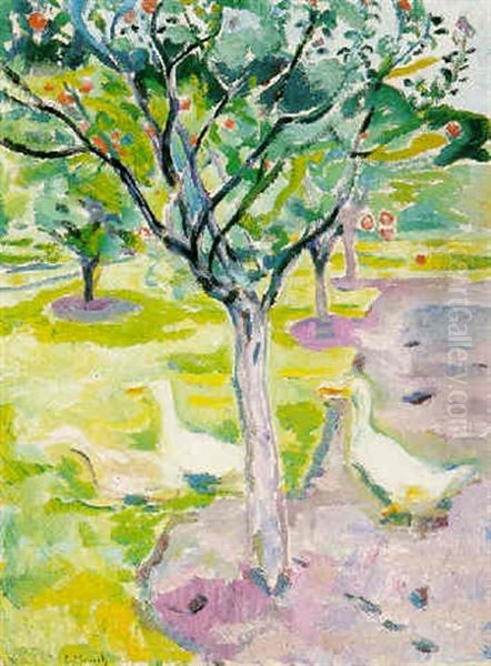 Geese In An Orchard Oil Painting by Edvard Munch