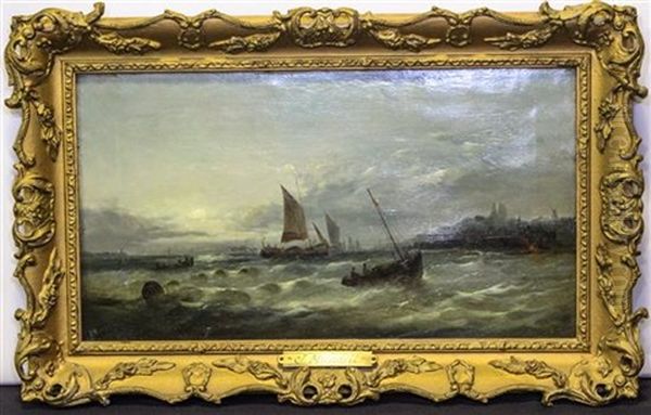 Stormy Scene With Three Boats Oil Painting by John Mundell