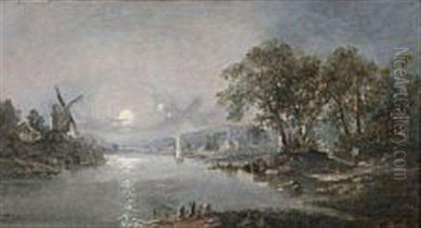 River Scene With Moonlight Oil Painting by John Mundell