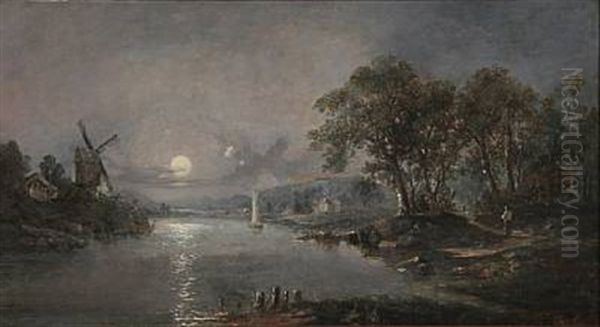 River Scape In Moonlight Oil Painting by John Mundell