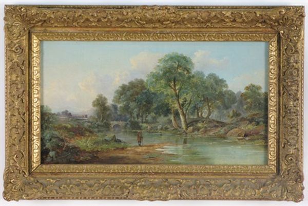 Landscape With Fishermen On River Bank, Stone Bridge With Figures In The Distance Oil Painting by John Mundell