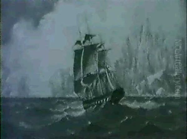 A British Frigate In The Southern Ocean       Ablaze At Sea Oil Painting by John Mundell