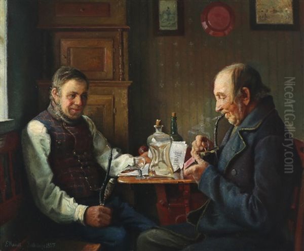 Interior With Men Smoking Pipes Oil Painting by Emilie (Caroline E.) Mundt