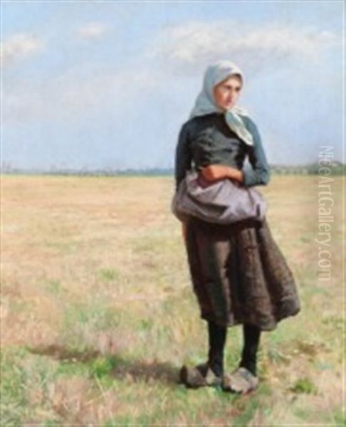 Peasant Girl In A Field, Presumably Near Hirtshals Oil Painting by Emilie (Caroline E.) Mundt