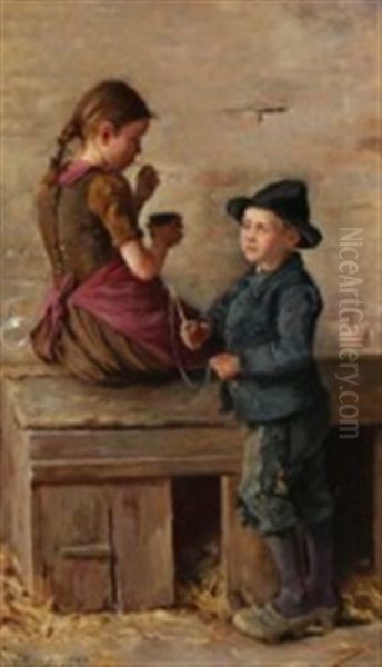 A Boy And A Girl Blowing Soap Bubbles Oil Painting by Emilie (Caroline E.) Mundt