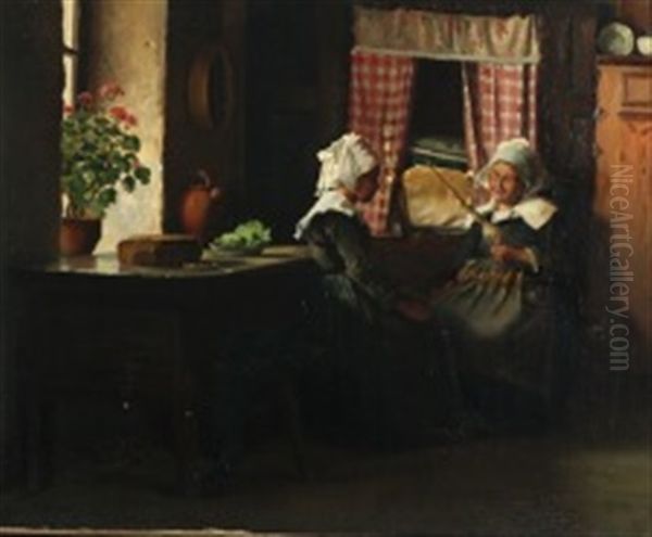 Interior With Two Women Spinning Yarn Oil Painting by Emilie (Caroline E.) Mundt