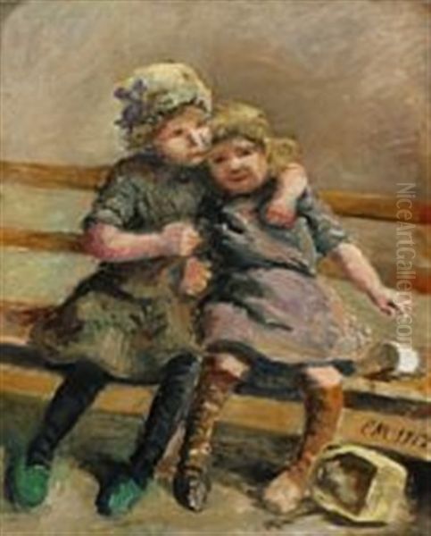 Two Girls On Bench Oil Painting by Emilie (Caroline E.) Mundt