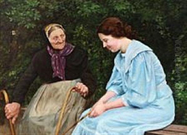 Two Ladies Chatting Oil Painting by Emilie (Caroline E.) Mundt