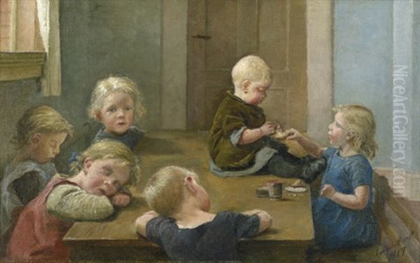 Nach Dem Mittagsmahl: Schlafende Und Essende Kinder Rund Um Einen Tisch (after Dem Mittagsmahl: Schlafende Und Essende Kinder Rund Um Einen Tisch) Oil Painting by Emilie (Caroline E.) Mundt