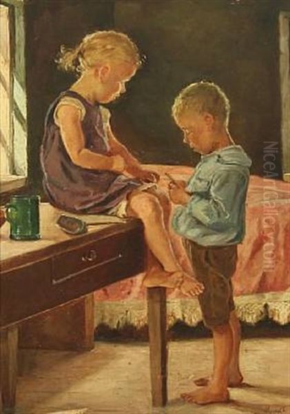 Interior With Sister And Brother Oil Painting by Emilie (Caroline E.) Mundt