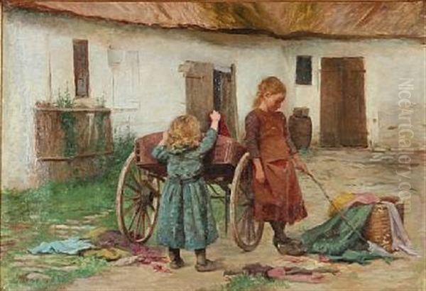 Two Girls Playing In Front Of A Farmer House Oil Painting by Emilie (Caroline E.) Mundt