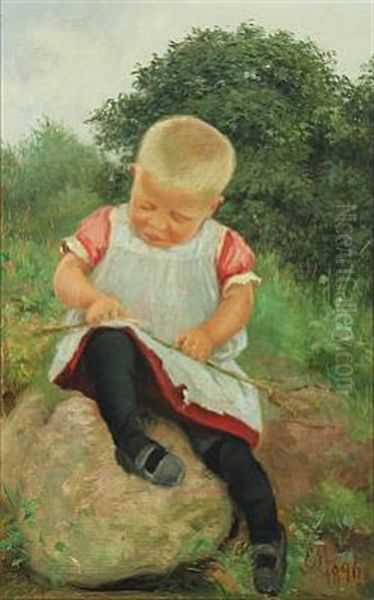 Little Girl Playing With A Stick Oil Painting by Emilie (Caroline E.) Mundt