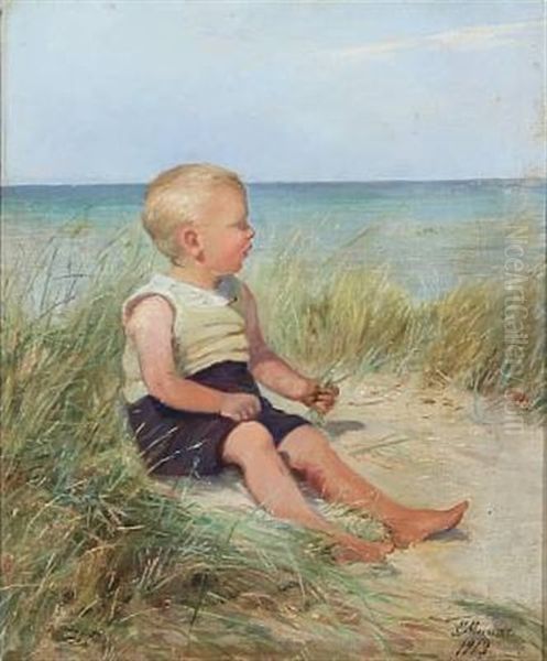 Beach Scape With A Boy In The Sand Oil Painting by Emilie (Caroline E.) Mundt