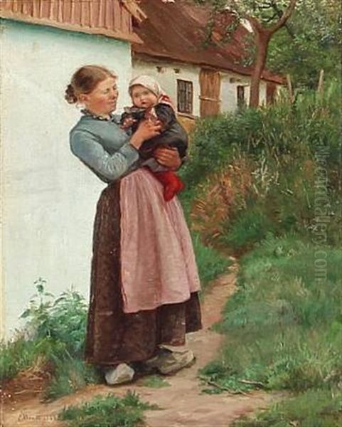 A Woman With Her Child In Front Of A Farm House Oil Painting by Emilie (Caroline E.) Mundt