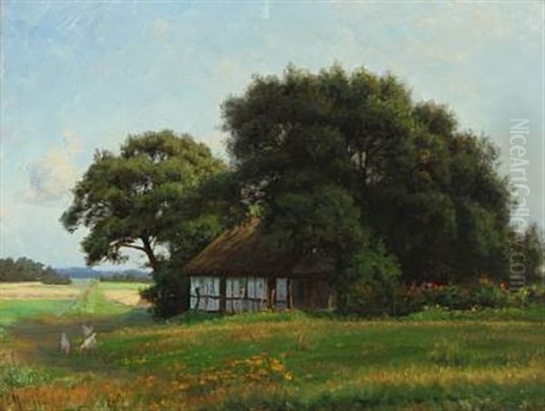 Summer Landscape At A Thatched House Oil Painting by Emilie (Caroline E.) Mundt