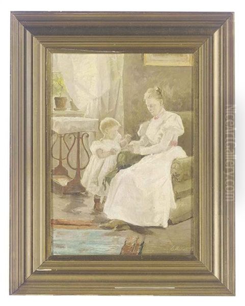 Mother And Child In An Interior Oil Painting by Emilie (Caroline E.) Mundt