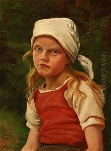 Portrait Of A Girl Wearing A White Scarf Around Her Head Oil Painting by Emilie (Caroline E.) Mundt