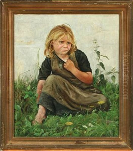 Portrait Of A Girl Sitting In The Grass Oil Painting by Emilie (Caroline E.) Mundt