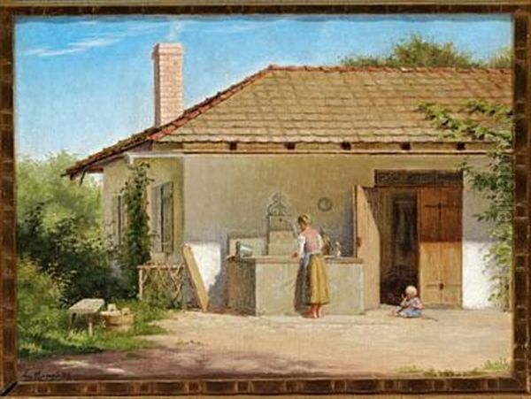 Mother And Child In Front Of A House In Southern Europe Oil Painting by Emilie (Caroline E.) Mundt