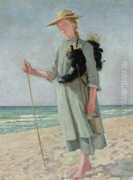 Pige Gaende Langs Stranden Oil Painting by Emilie (Caroline E.) Mundt