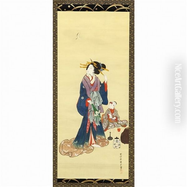 Cuculus Poliocephalus And Beauty Oil Painting by Utagawa Munehisa (Kunisada II)