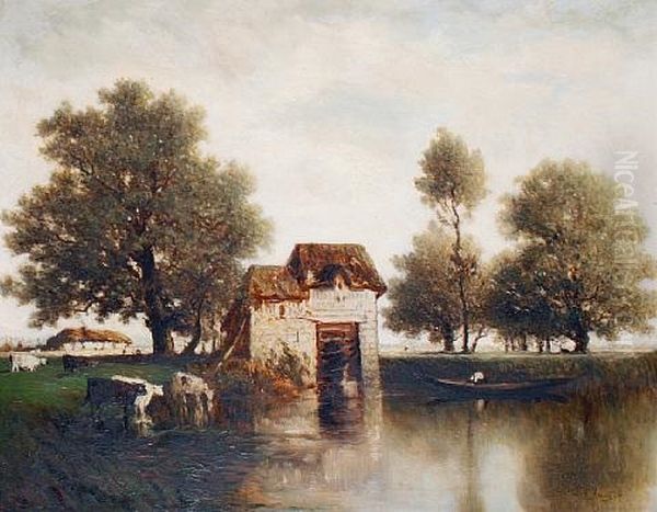 Cattle Watering By A Mill Oil Painting by Gilbert Munger