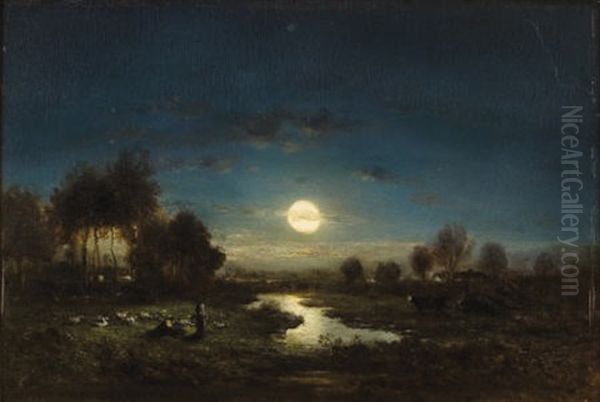 Pastoral Landscape In Moonlight Oil Painting by Gilbert Munger