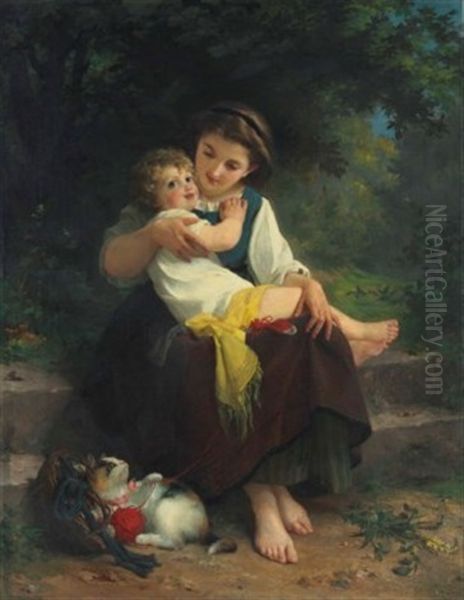 Mother And Child With A Kitten Oil Painting by Emile Munier