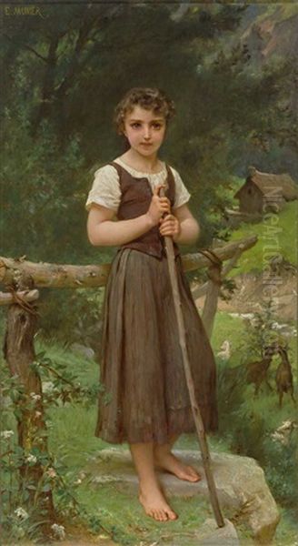 Reizendes Junges Madchen Als Ziegenhirtin Vor Landschaftshintergrund Oil Painting by Emile Munier