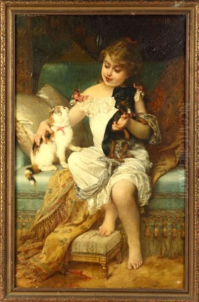 Girl With Kitten And Puppy Oil Painting by Emile Munier