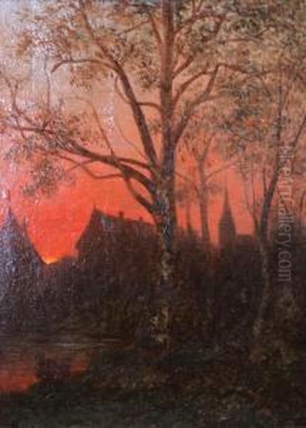 Solnedgang I En Tyskstad Oil Painting by Lars Teodor Billing