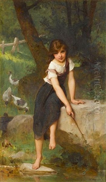 Fishing For Minnows Oil Painting by Emile Munier