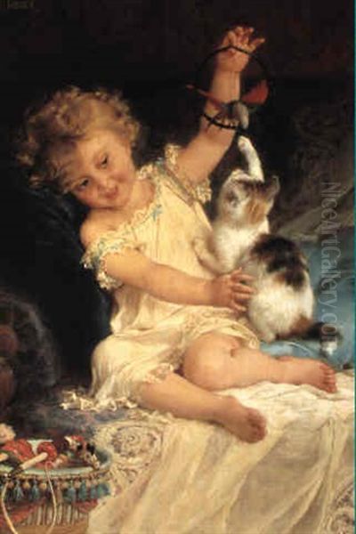 Young Girl Playing With Her Pets Oil Painting by Emile Munier