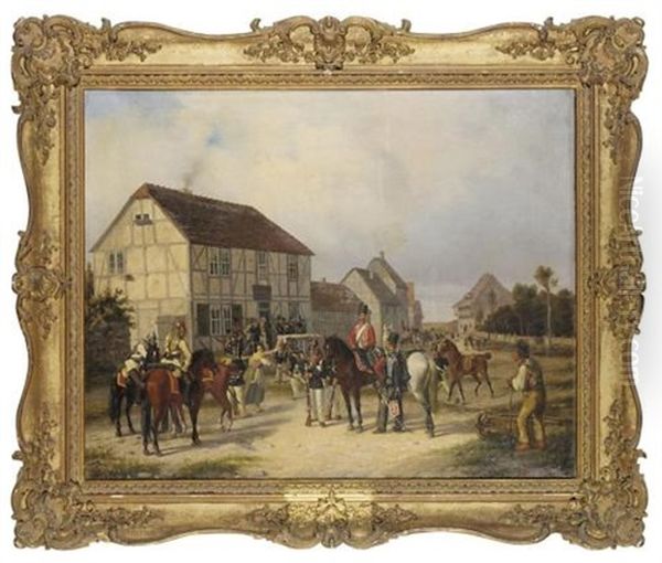 Prussian Soldiers Of The Regiment King Of Hanover Resting By A Tavern (preussische Soldaten Des Regiments Konig Von Hannover Vor Einem Gasthaus) Oil Painting by Jacob Munk