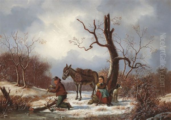 Reisig Sammelndes Bauernpaar Oil Painting by Jacob Munk