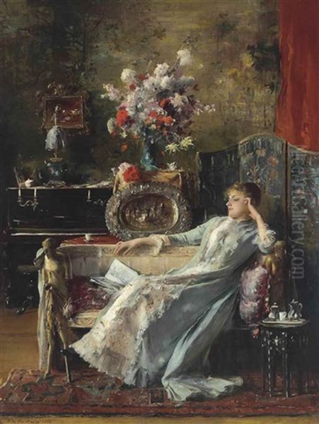 Young Woman Sitting On A Sofa Oil Painting by Mihaly Munkacsy