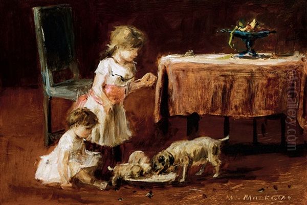 Feeding Puppies Oil Painting by Mihaly Munkacsy